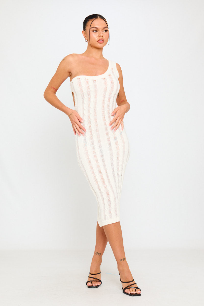 Cream One Shoulder Cable Knit Ladder Midi Dress