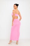 Pink Slinky Ruched Spaghetti Crop Top & Midi Skirt Co-Ord