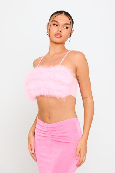 Pink Fluffy Faux Fur Spaghetti Strap Crop Top Nothingbutstyle