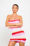 Pink Stripe Knit Frill Detail Bandeau Tube Mini Dress