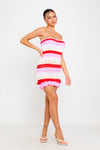 Pink Stripe Knit Frill Detail Bandeau Tube Mini Dress