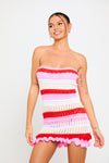 Pink Stripe Knit Frill Detail Bandeau Tube Mini Dress