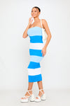 Blue Contrast Knit Bandeau Tube Bodycon Midi Dress