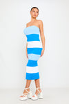 Blue Contrast Knit Bandeau Tube Bodycon Midi Dress