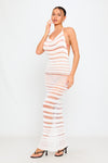 White Sheer Knit Stripe Halterneck Backless Midi Dress