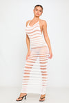 White Sheer Knit Stripe Halterneck Backless Midi Dress