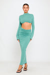 Green Ribbed High Neck Crop Top & Ruched Maxi Skirt Co-Ord