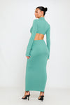 Green Ribbed High Neck Crop Top & Ruched Maxi Skirt Co-Ord