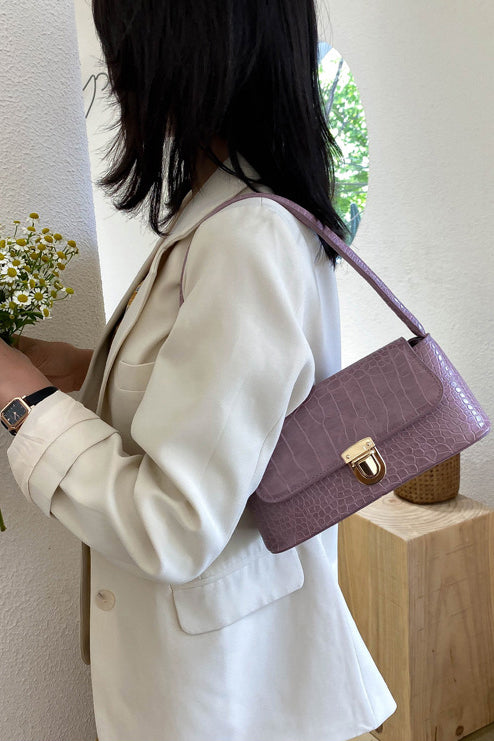 Mauve Crocodile Faux Leather Flap Baguette Bag