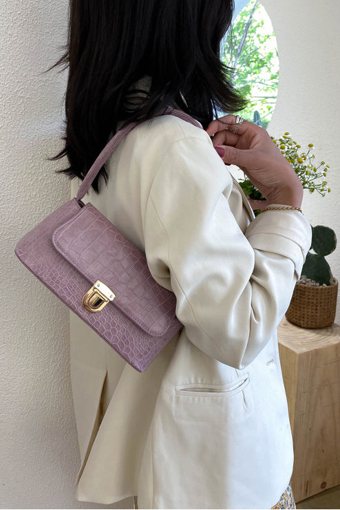 Mauve Crocodile Faux Leather Flap Baguette Bag