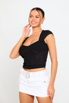 Black Sheer Knit Open Back Cap Sleeve Crop Top