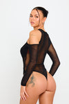 Black Sheer Cut Out Asymmetric Long Sleeve Bodysuit