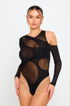 Black Sheer Cut Out Asymmetric Long Sleeve Bodysuit