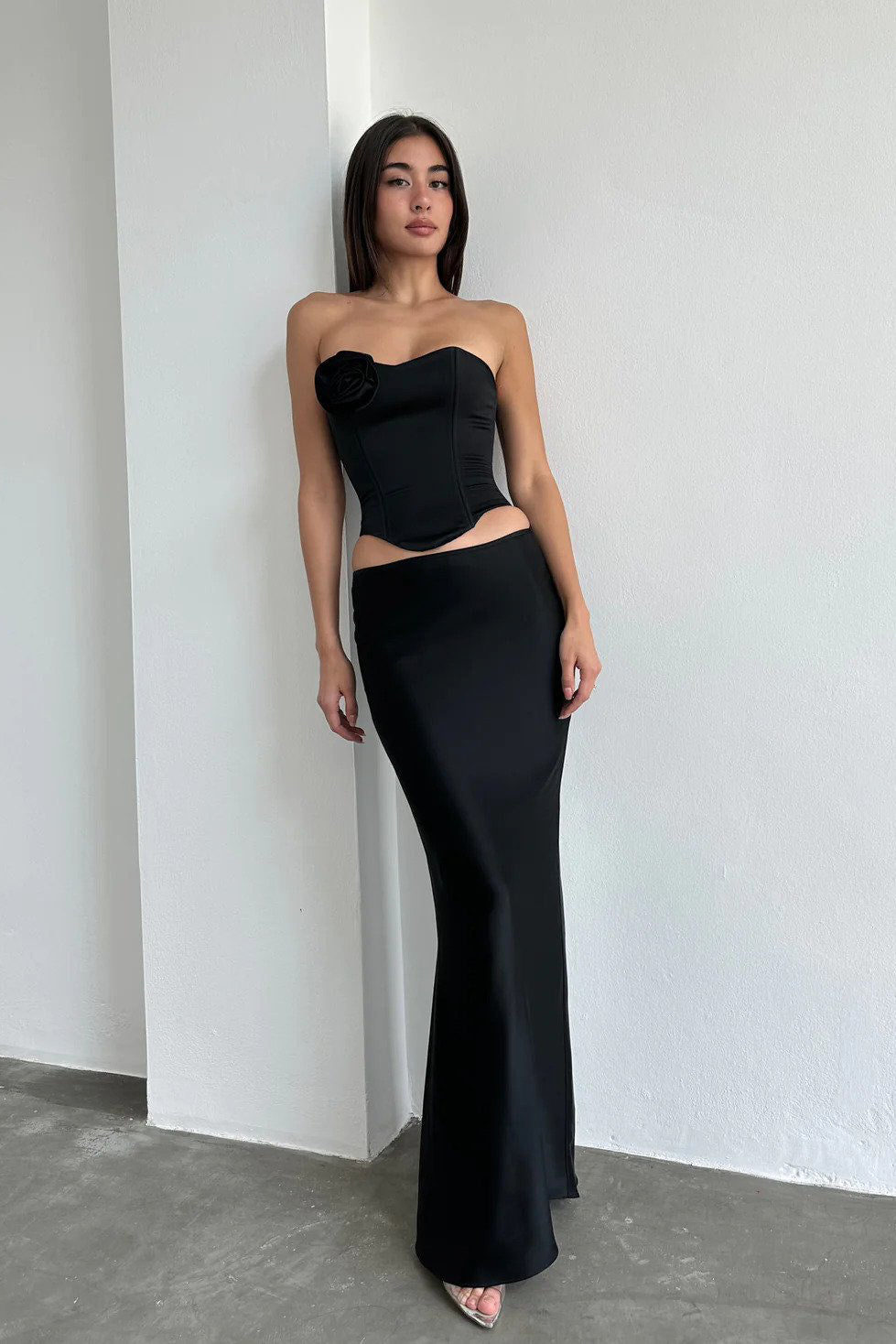 Black Satin High Waisted Long Maxi Skirt