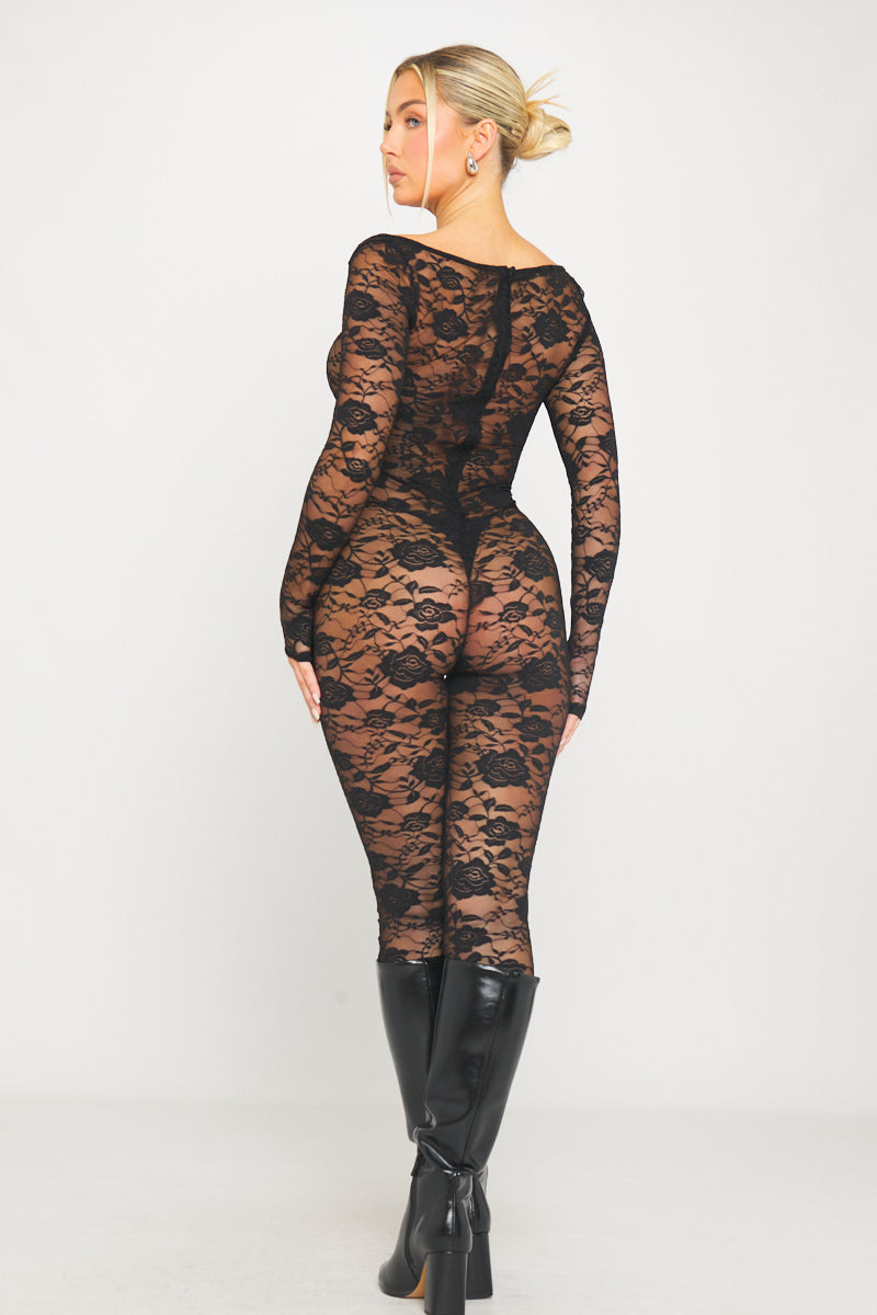 Black Lace Round Neck Long Sleeve Jumpsuit