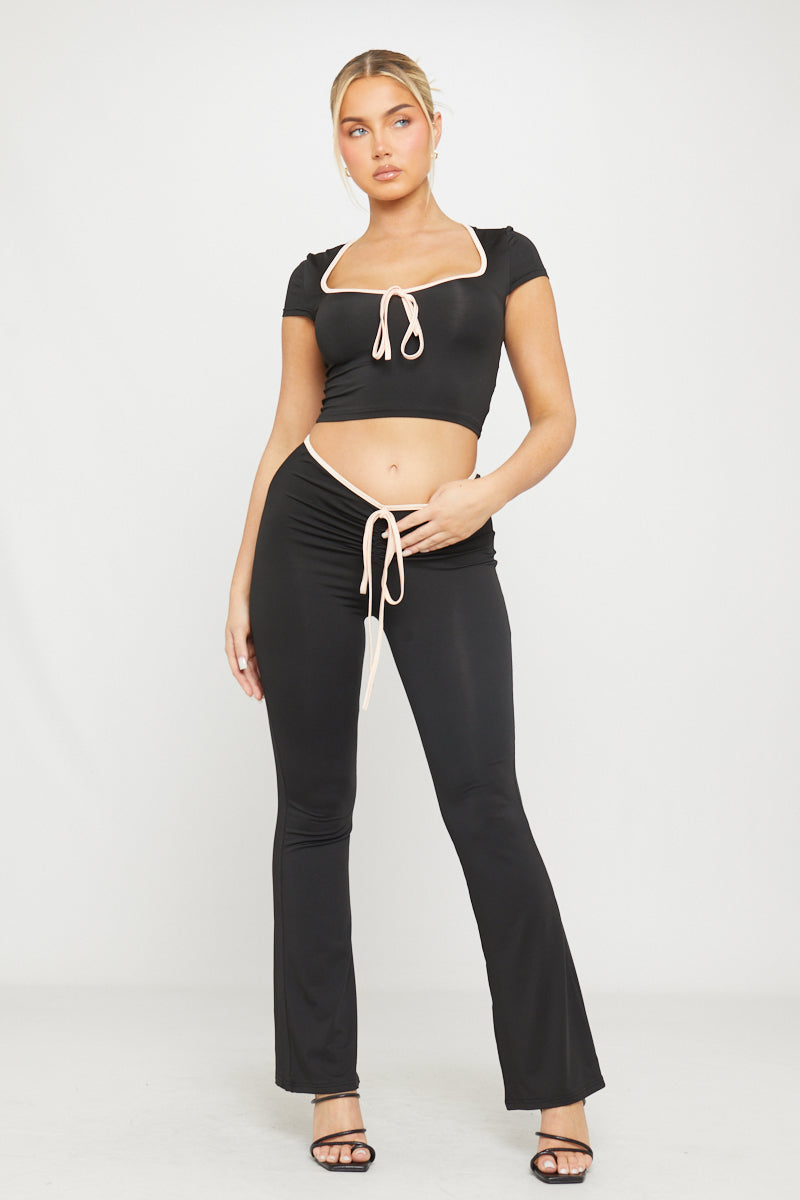 Black Contrast Tie Front Ruched Flared Trousers 