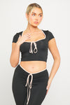 Black Contrast Tie Front Short Sleeve Crop Top