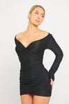 Black Plunge Ruched Long Sleeve Wrap Mini Dress