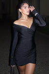 Black Plunge Ruched Long Sleeve Wrap Mini Dress