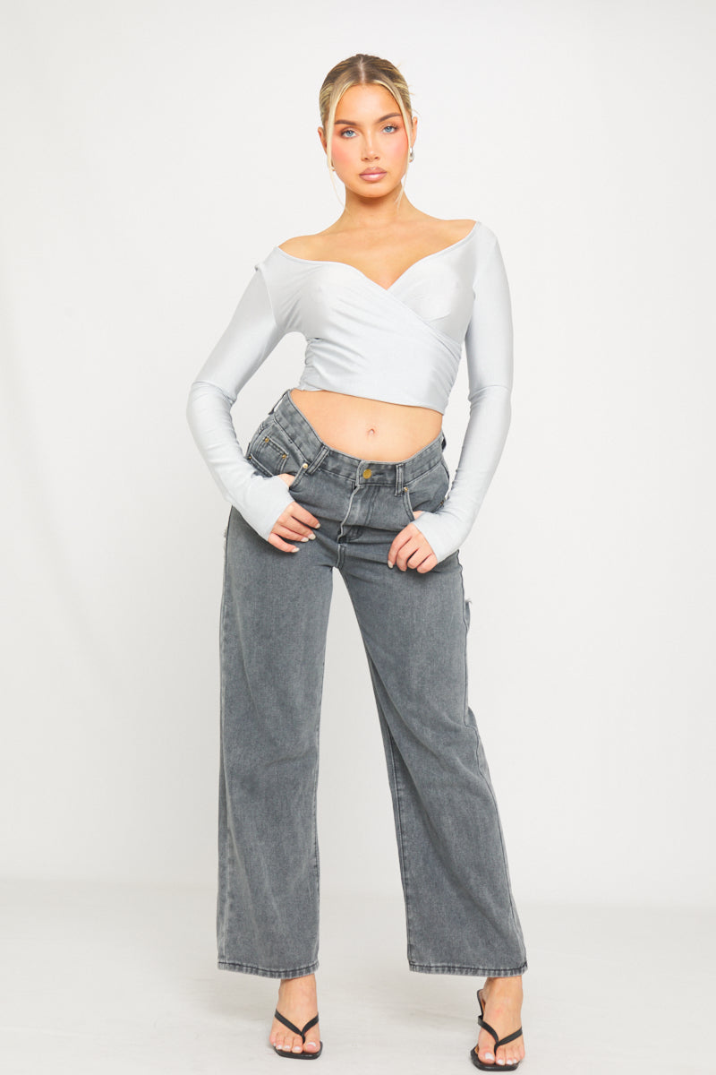 Silver Plunge Long Sleeve Wrap Top