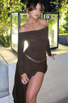 Brown Knit Off Shoulder Tiered Asymmetric Maxi Dress