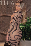 Mocha Sheer Mesh Printed Long Sleeve Maxi Dress