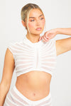 White High Neck Semi Sheer Knit Ruched Crop Top