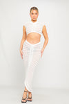 White High Neck Semi Sheer Knit Ruched Crop Top