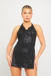 Black Sequin Detail Cowl Neck Open Back Mini Dress