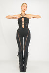 Black Mesh Cut Out Ladder Detail Halterneck Jumpsuit