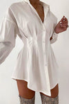 White Cinched Waist Shirt Dress
