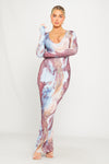 Multi Printed Plunge Tie Back Long Sleeve Maxi Dress