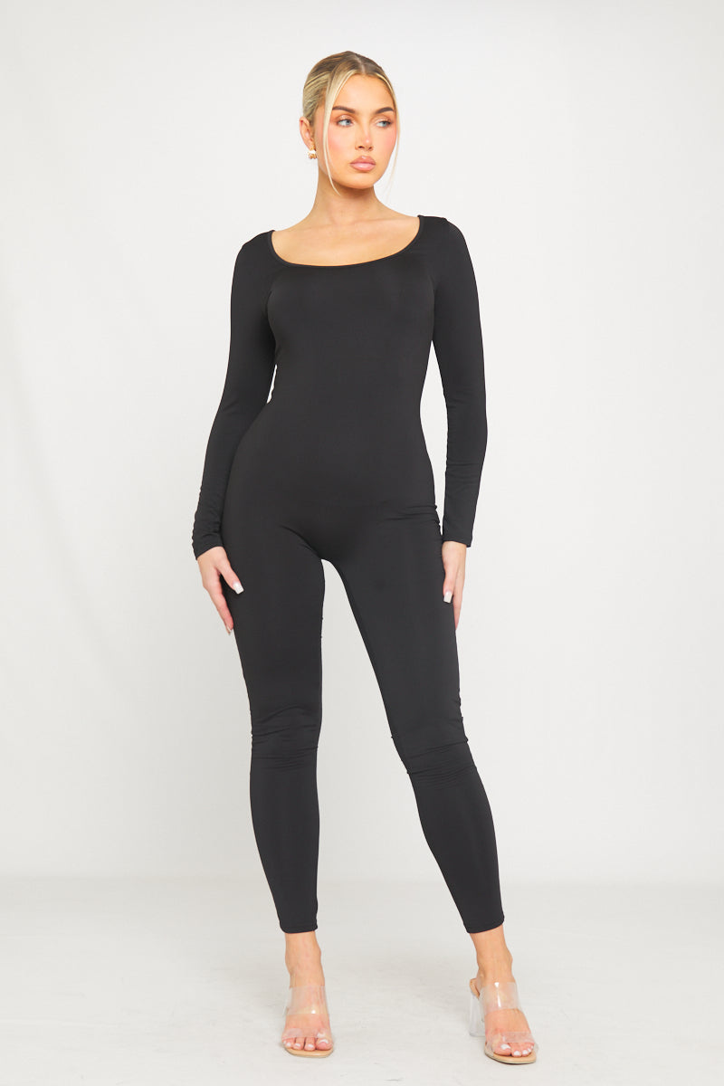 Black Slinky Scoop Neck Long Sleeve Jumpsuit