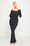 Black Ribbed Scoop Neck Plunge Long Sleeve Maxi Dress