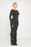 Black Slinky Zip Front Long Sleeve Jumpsuit