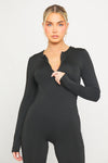 Black Slinky Zip Front Long Sleeve Jumpsuit