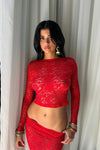 Red Sheer Lace Long Sleeve Top & Midi Skirt Co-Ord