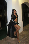 Black Sheer Mesh Ruffle Tie Front Long Cover Up