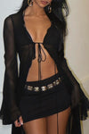 Black Sheer Mesh Ruffle Tie Front Long Cover Up