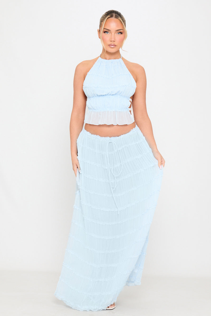 Light Blue Ruched Sheer Halter Top & Maxi Skirt Co-Ord