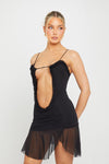 Black Mesh Cut Out Frill Detail Mini Dress