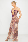 Leopard Print Mesh Cut Out Frill Ruched Maxi Dress