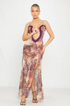 Leopard Print Mesh Cut Out Frill Ruched Maxi Dress