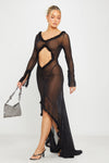 Black Plunge Mesh Ruffle Ruched Cut Out Maxi Dress