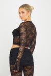 Black Sheer Lace Tie Front Top & Ruched Maxi Skirt