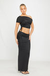 Black One Shoulder Ruched Crop Top & Fold Over Maxi Skirt