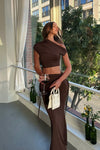 Brown One Shoulder Ruched Crop Top & Fold Over Maxi Skirt