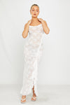 White Sheer Lace Ruffle Detail Thigh Split Maxi Dress