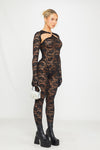 Black Sheer Lace Cut Out Jumpsuit With Gloves