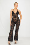 Black Sheer Lace Plunge Tie Front Flared Jumpsuit